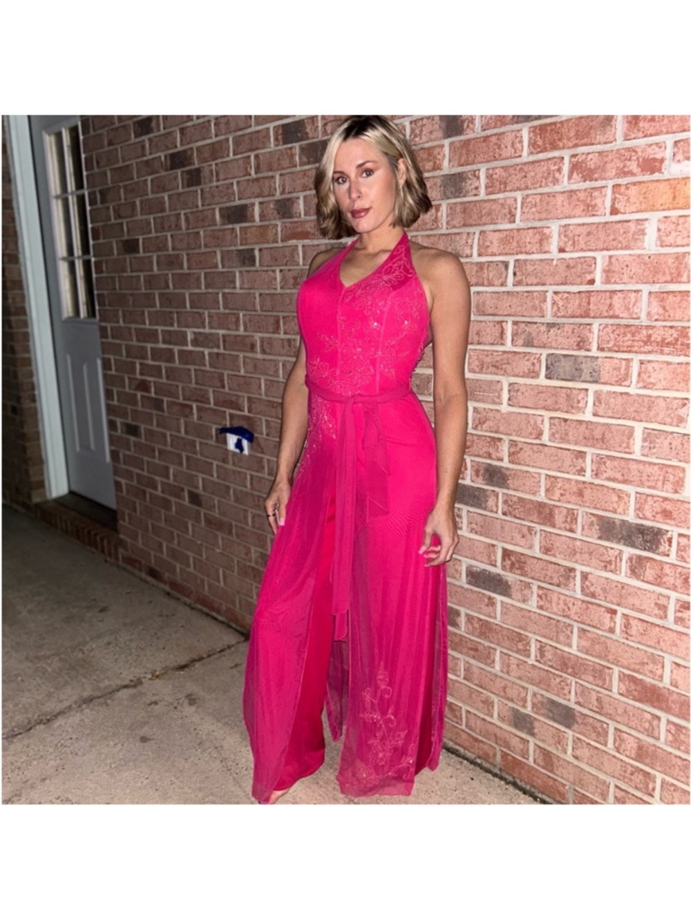 Fuchsia Halter Jumpsuit with Sheer Skirt Overlay beaded sequin #0034